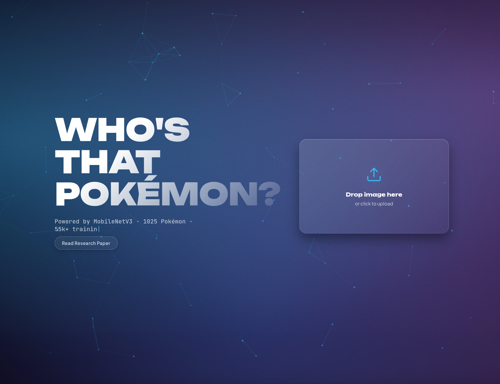 Pokédex AI — Interface de upload de silhueta com Aurora Mesh e partículas interativas